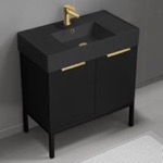 Nameeks DERIN720 Black Bathroom Vanity, 32 Inch, Modern, Matte Black, Free Standing, Gold Handles